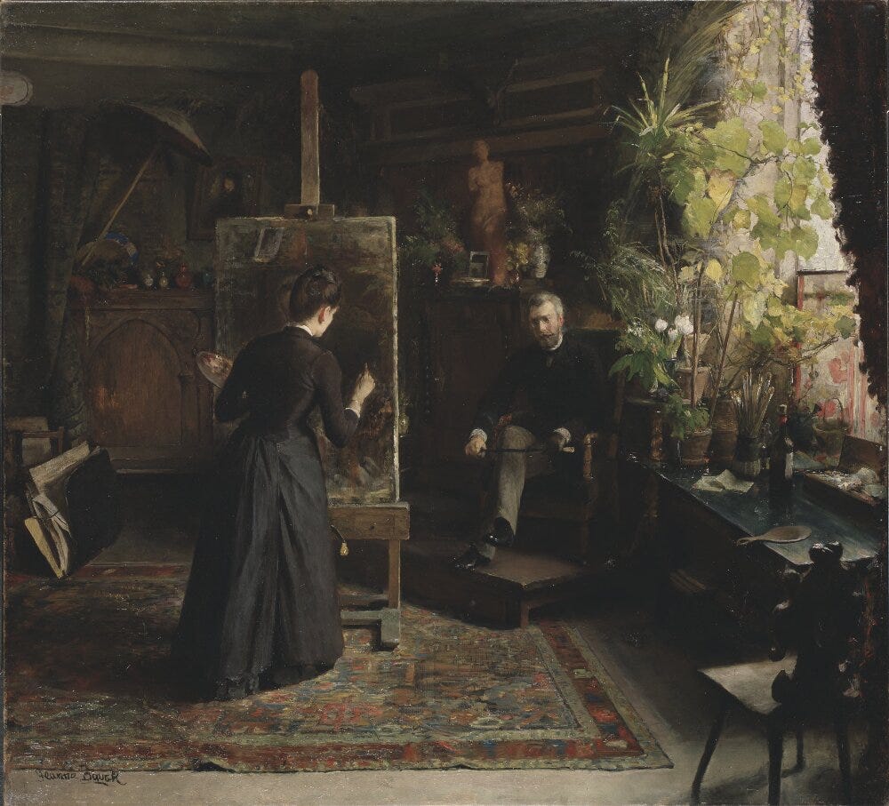 A painting featuring a woman painter in a studio, working on a portrait of a man posing.