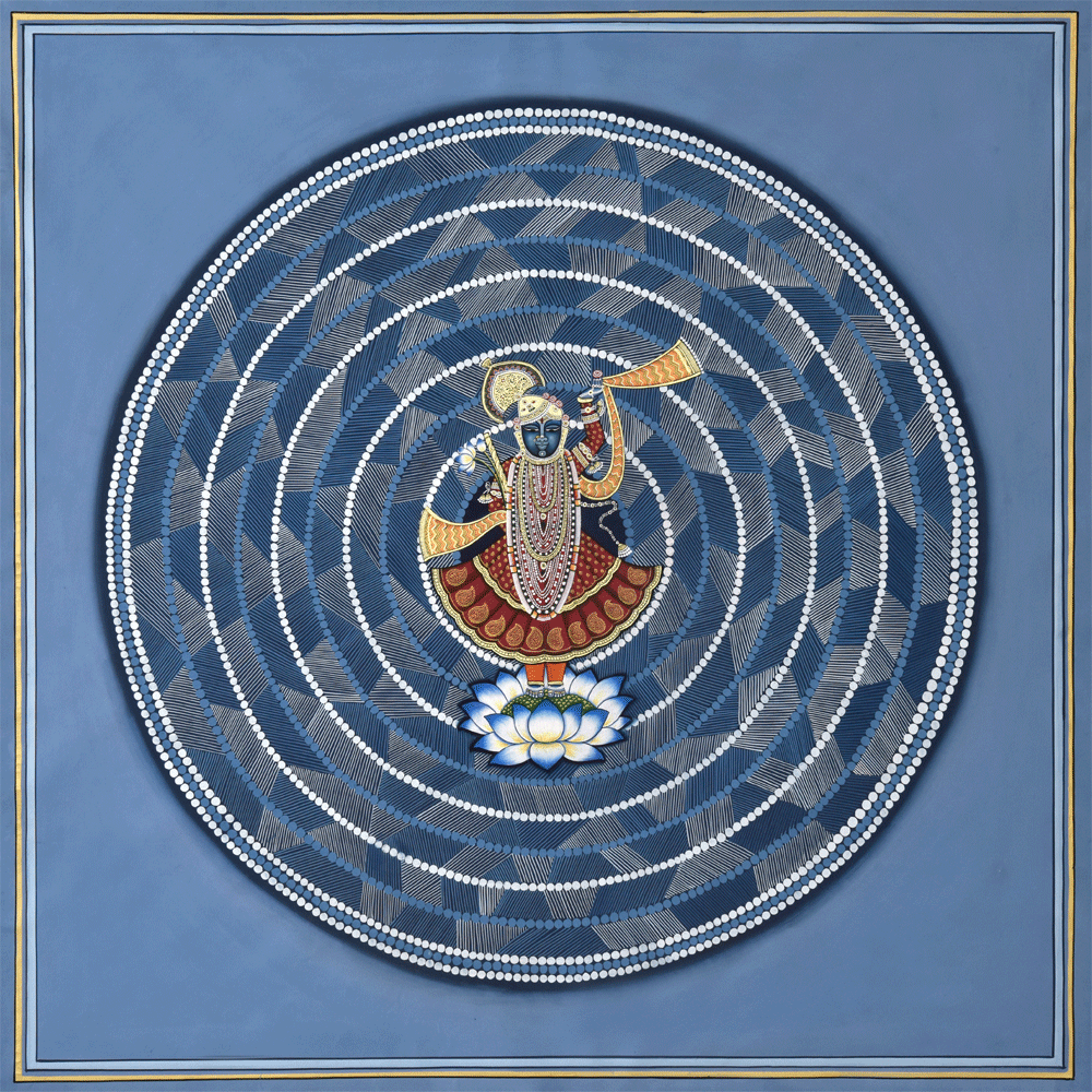 Blue circular Shrinathji’s Pichwai Abstract Shrinathji on Lotus Pichwai image at Beyond Square.