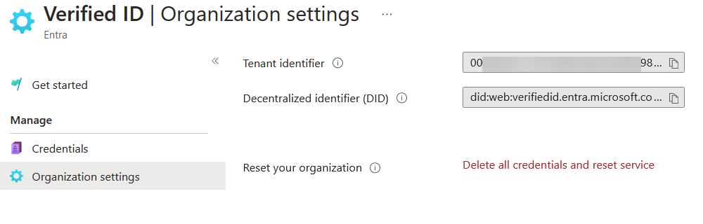 Image of “Organisation settings” tab showing DID URL