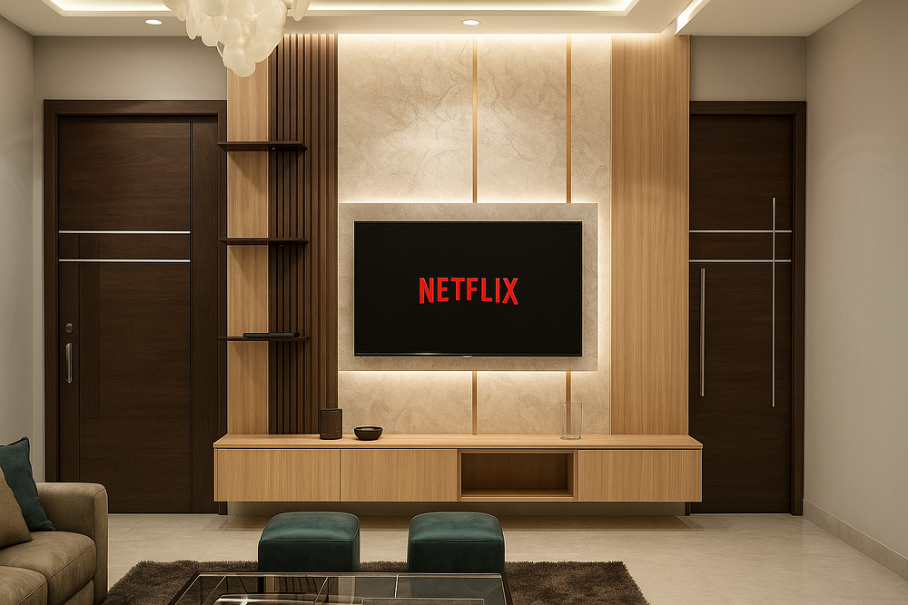 A contemporary living room featuring a sleek TV wall panel with a mounted flat-screen television. The backdrop combines light beige textured panels with vertical wooden slats and warm underlighting, creating a sophisticated focal point. A floating wooden console offers storage and display space, complemented by minimal décor items. Dark wooden doors frame the setup, while plush ottomans and a glass-top coffee table add to the cozy yet modern atmosphere.