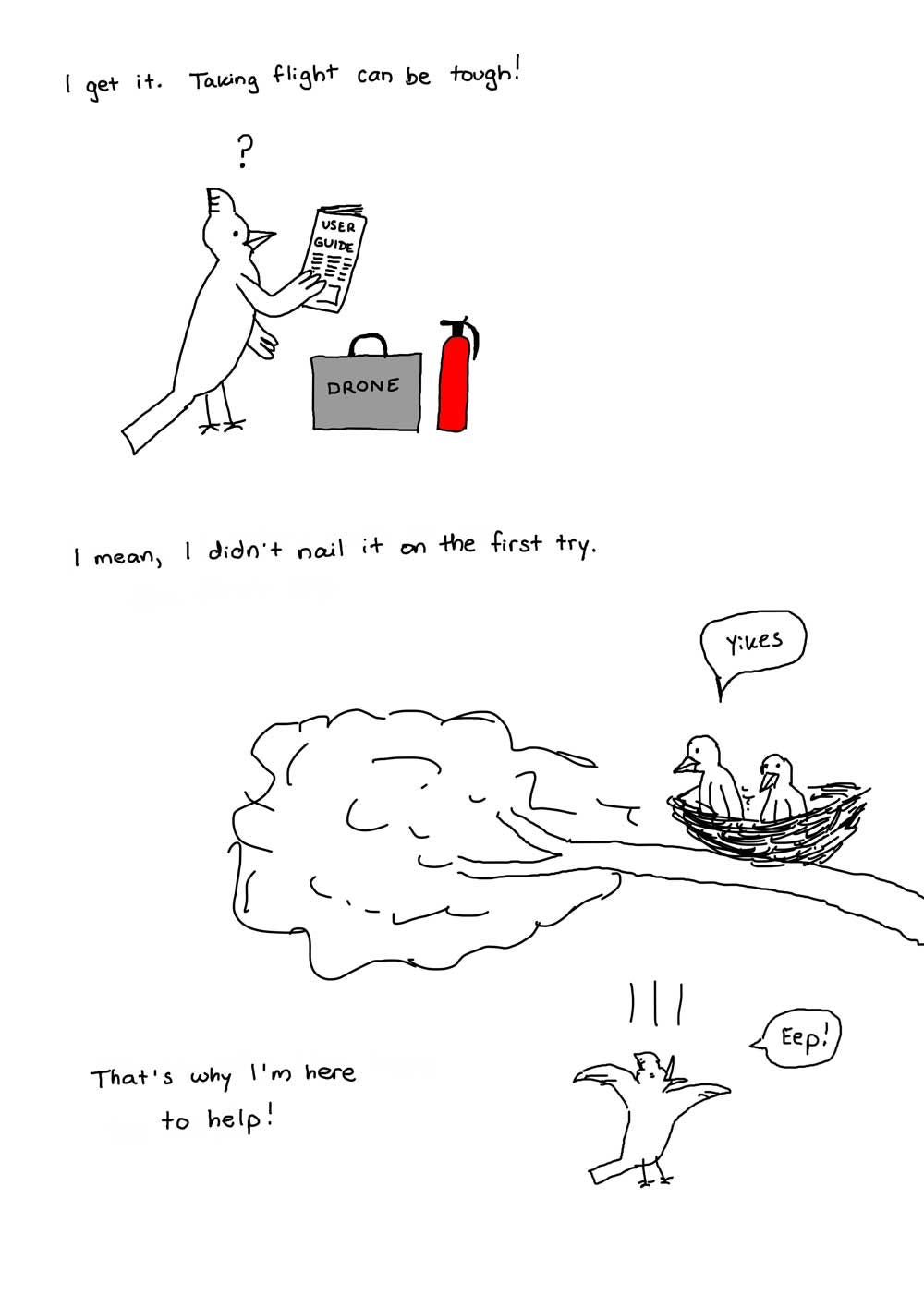 A confused-looking bird holds an instruction manual and stands beside a drone and a fire extinguisher. A bird tumbles straight down out of the nest while a couple of other birds look on in dismay.
