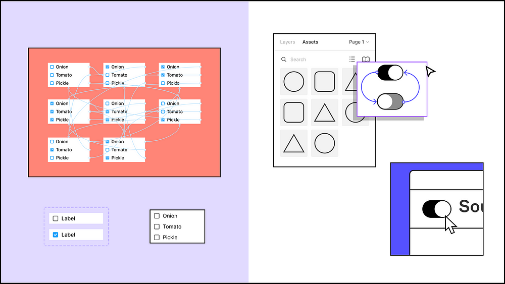 Illustration showing list components and toggle switches created in Figma