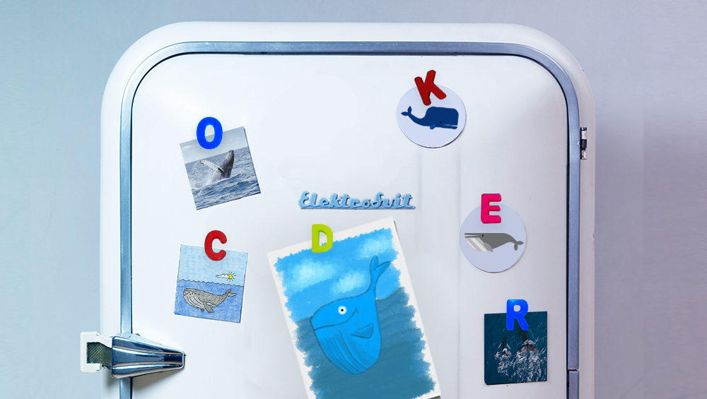 An old refrigerator. Pictures and drawings of whales are attached with alphabet magnets. The magnets spell out D-O-C-K-E-R.