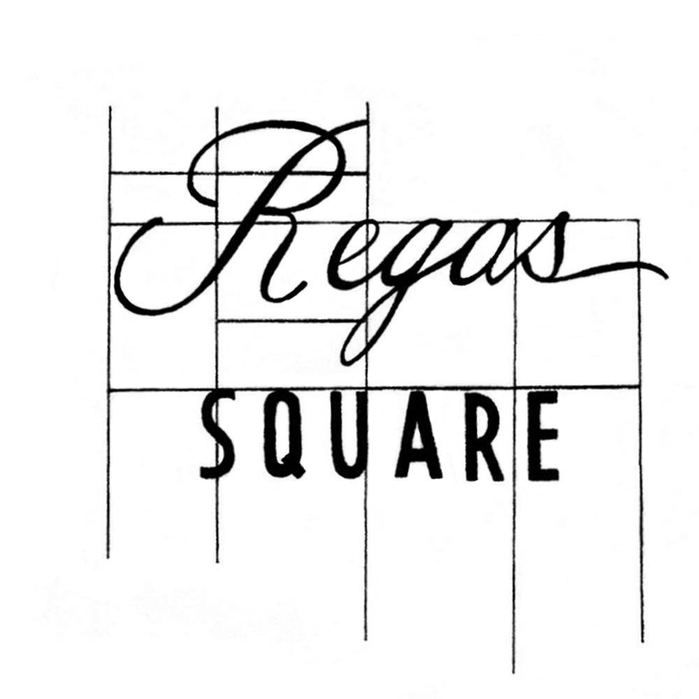 A black ink drawing of a sign reading: Regas Square