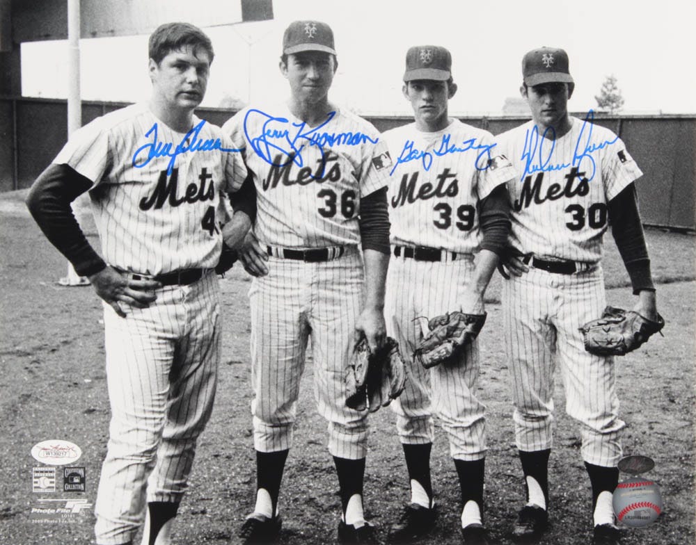 New York Mets pitchers in 1969: Tom Seaver, Jerry Koosman, Gary Gentry and Nolan Ryan. Autographed photo offered on eBay.