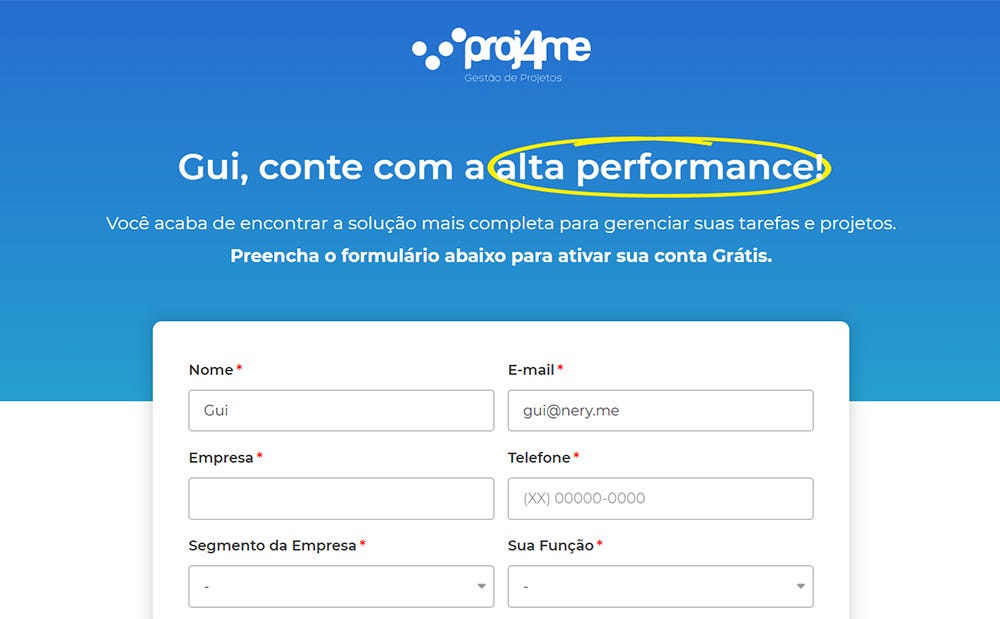 Página de cadastro do Proj4me com táticas de personalização baseado em parâmetros da URL