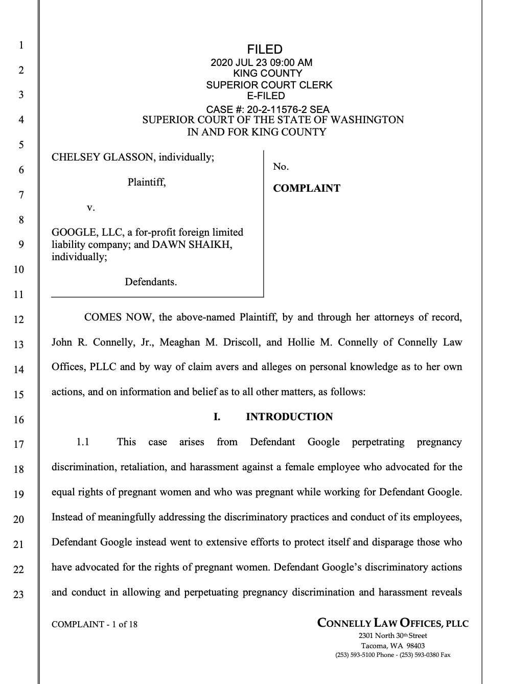 A screenshot of the first page of King County Superior Court Case #: 20–2–11576–2, Chelsey Glasson vs. Google, LLC, and Dawn Shaikh