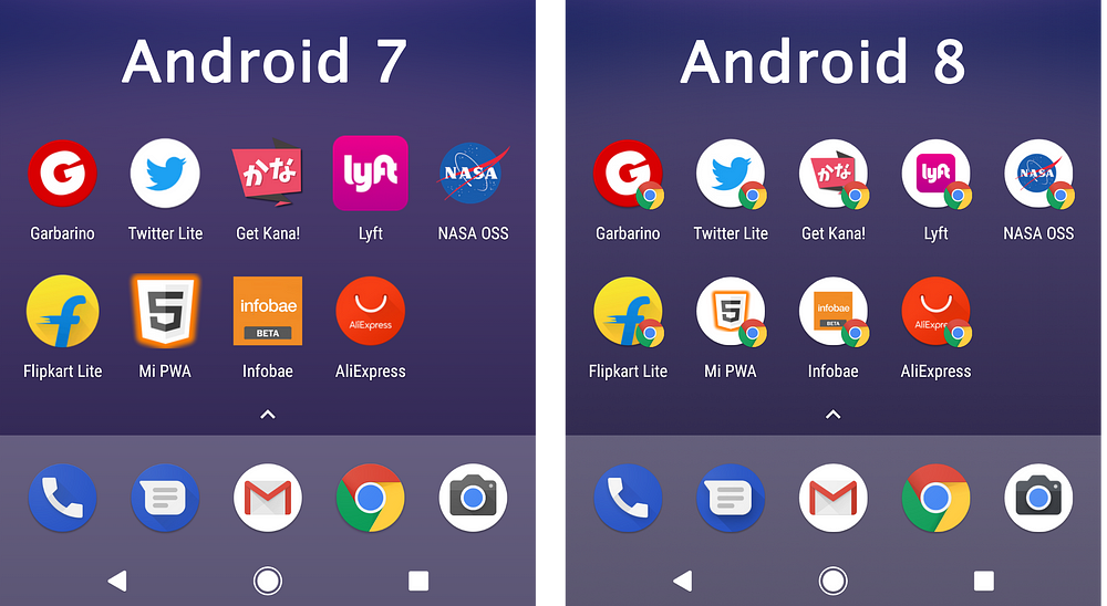 Android 7 Vs Android 8 : On Android Oreo, icons have the badge and if they are not a perfect centered circle, they are embedded inside a white circular icon, reducing their original size.