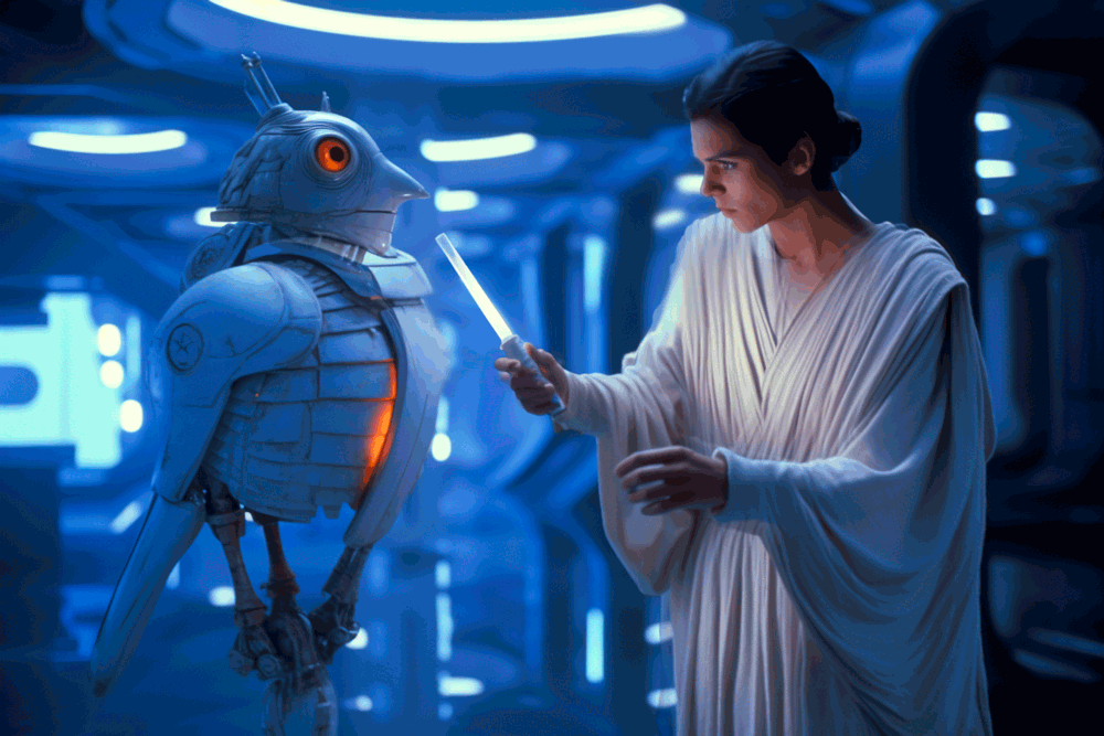 A princess examining a mechanical floating bird inside a spaceship, in the style of Star Wars.
