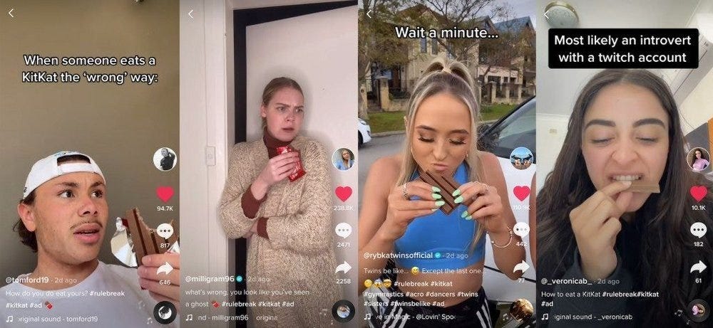 Vê-se quatro capturas de tela do TikTok lado a lado. Na primeira, à esquerda, se vê um homem jovem, de boné e bigode, com um chocolate KitKat na mão, e a seguinte frase: "Quando alguém come um KitKat do jeito errado". Na imagem ao lado, vê-se uma mulher branca jovem, enrolada em um casaco de frio, com um chocolate na mão e uma feição assustada. Na terceira imagem, vê-se uma mulher branca, com roupas esportivas, cabelos presos e unhas verde limão, comendo um KitKat, e a frase "espere um minuto".