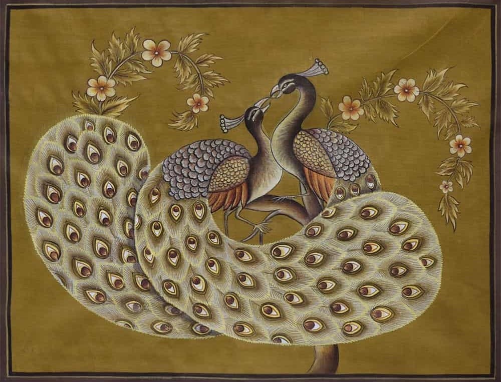 Golden Peacock Pichwai showcases intricate designs and vivid colors, symbolizing the divine beauty and grace of peacocks in traditional Indian art.