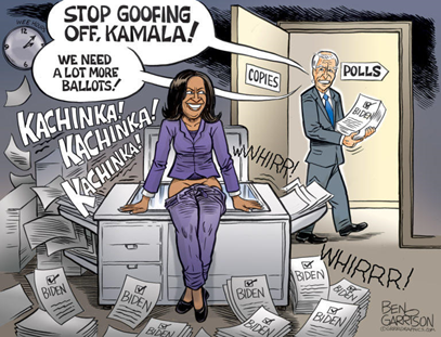 A drawing of Kamala Harris photocopying her butt in a room full of ballot papers with a checked box for Biden. Joe Biden is in the doorway telling her to stop goofing off because they need a lot more ballots.