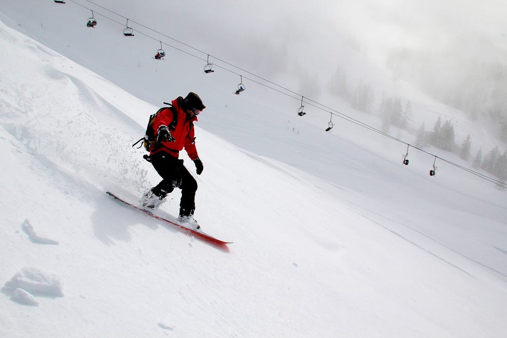 Snowboarder Skiing down an easy slope