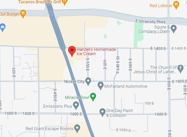 Map showing the location of Handel's Homemade Ice Cream in Provo Utah
