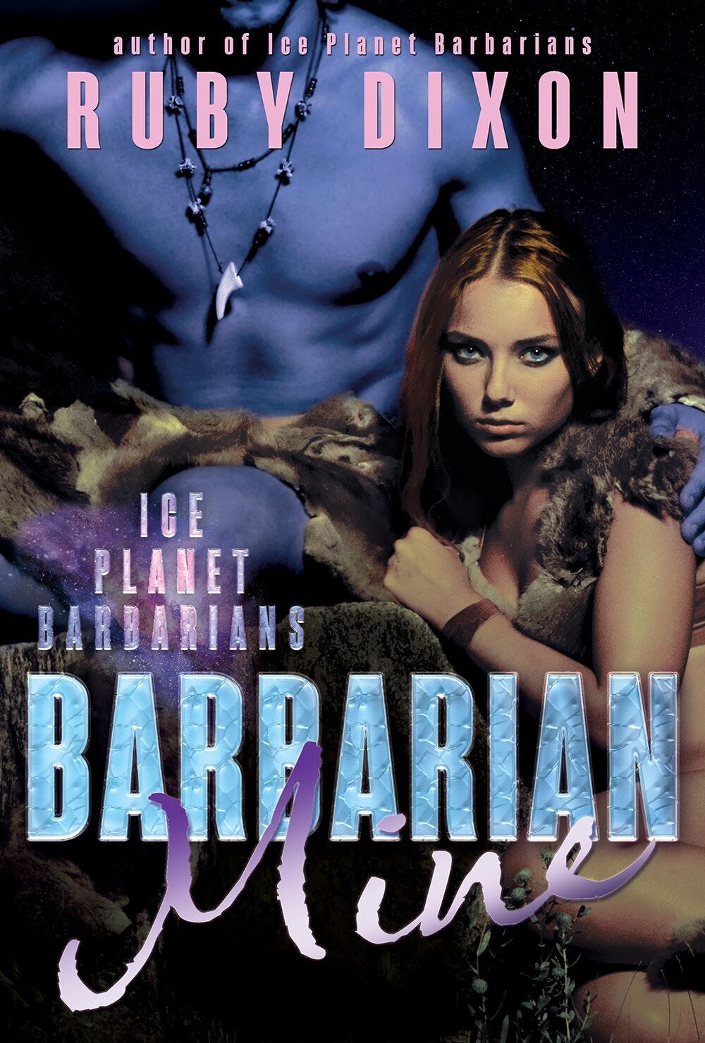 Cover of Barbarian Mine by Ruby Dixon. A read-head woman in furs sits below a blue man