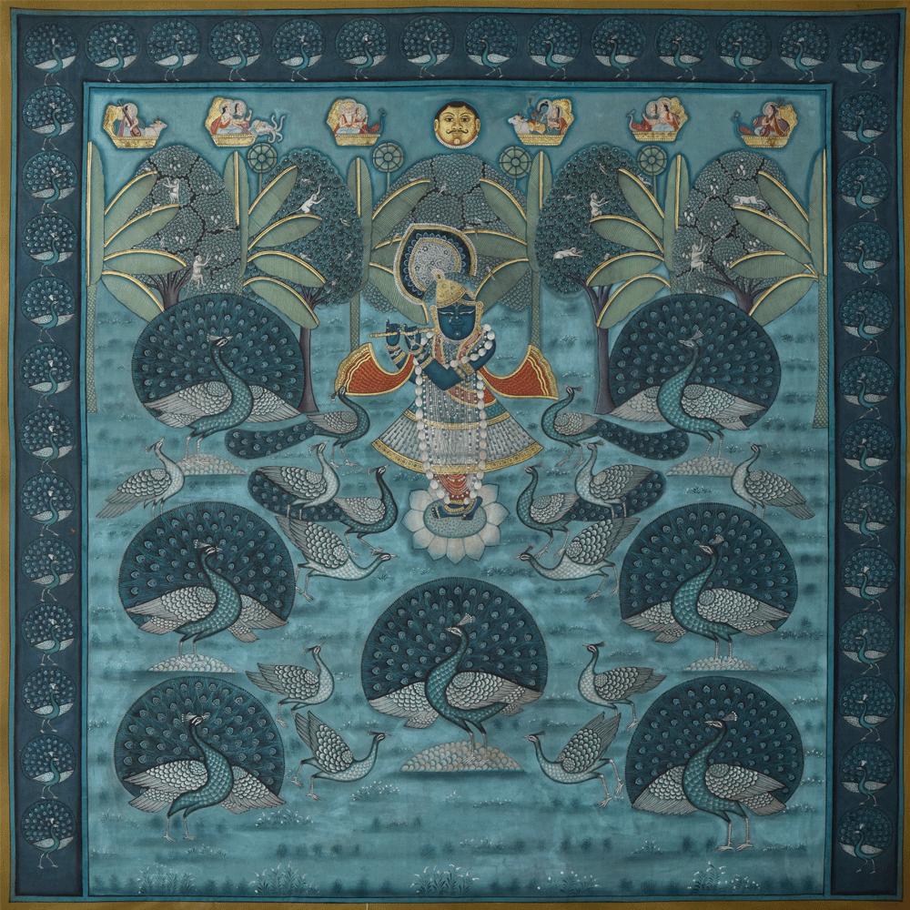 Antique Finish Mayur Kutir Pichwai from Beyond Square Shrinathji with peacocks in a pond.