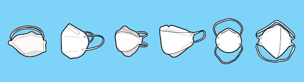 respirator/mask styles: duckbill/pouch with headstraps, vertical bi-fold with earloops, three-panel with headstraps, three-panel with earloops, cup with headstraps, vertical bi-fold with headstraps