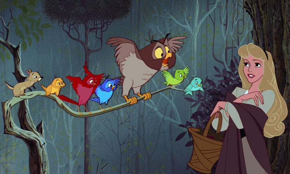 Aurora in the forest with an owl and other tiny, colorful birds.