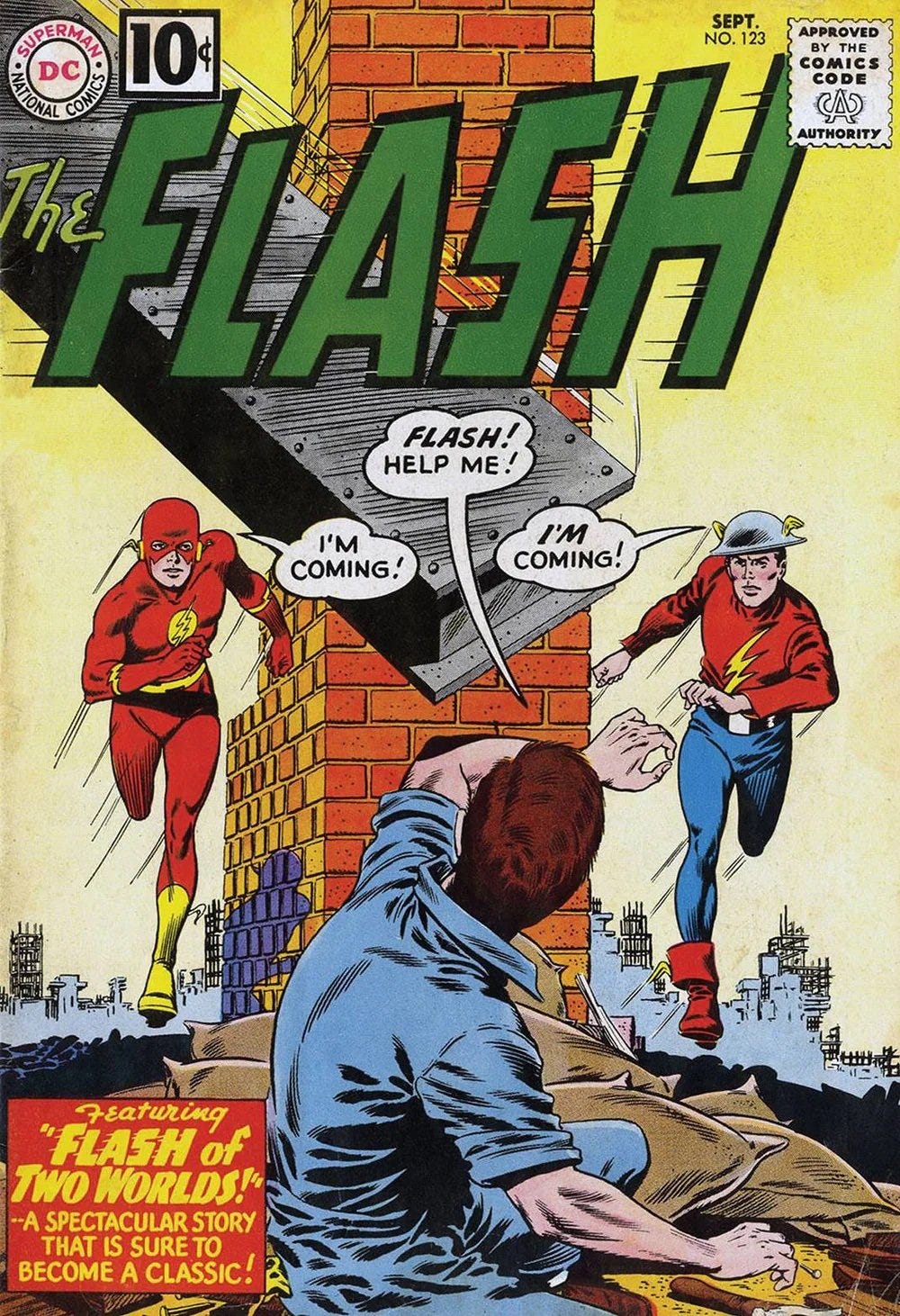 the cover of the first Flash comic were Earth 1 and Earth 2 Flash meet. They are two superheroes in different red costumes racing from opposites sides of a brick wall to go help a person who’s fallen between.