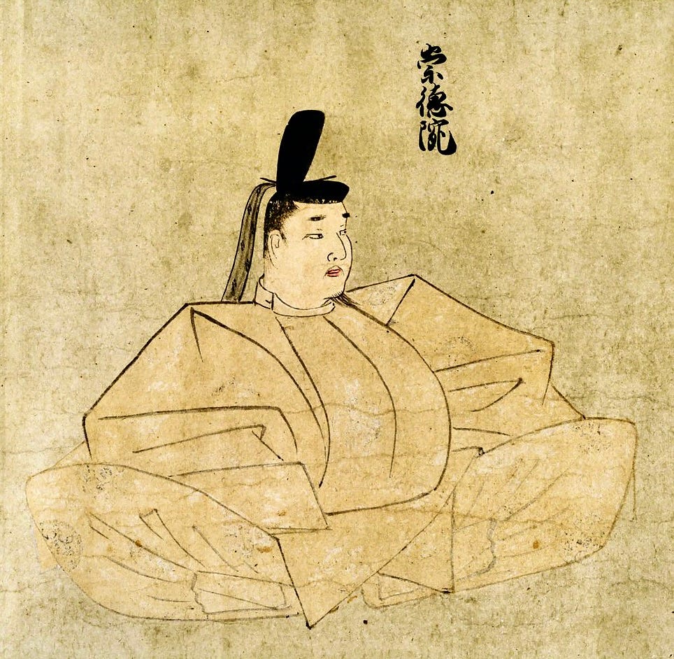 Emperor Sutoku, sitting in layers of pale ochre kimonos, wearing a black hat with a rounded tall protrusion extending up and tassel hanging down the back.