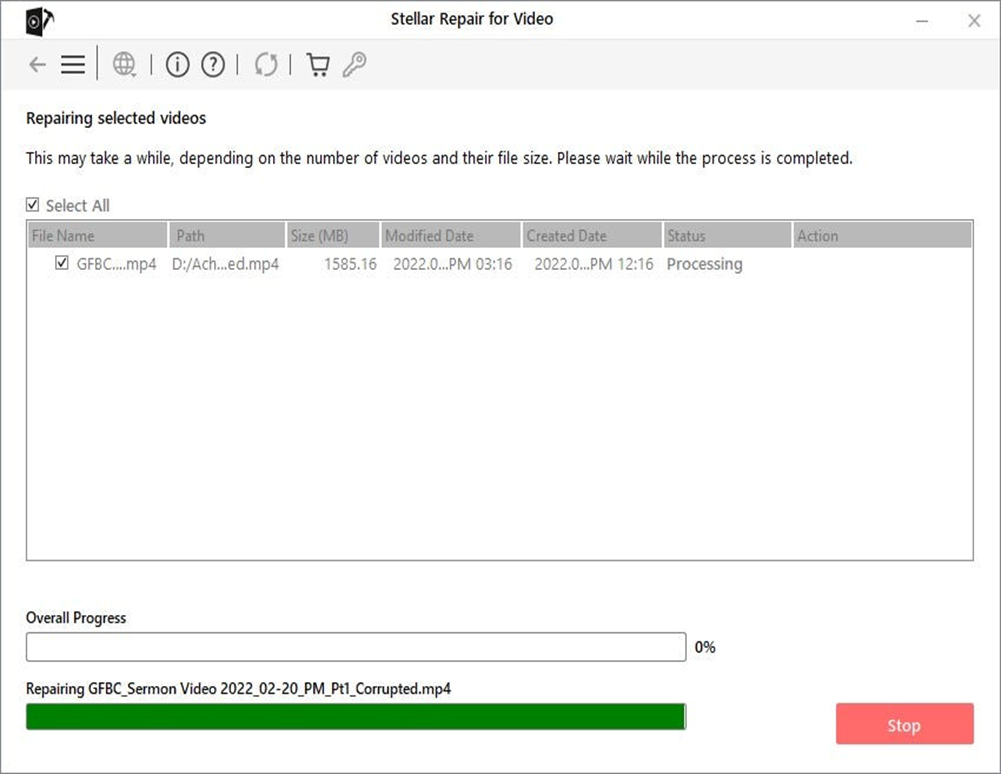 Stellar Repair for Video- Click “Repair” to start the video repair process.