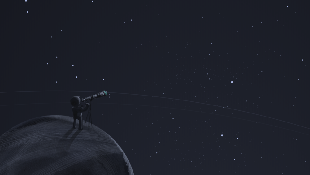 Illustration of an astronaut standing on a planetoid, looking through a telescope. Strapi. Headless Content Management.