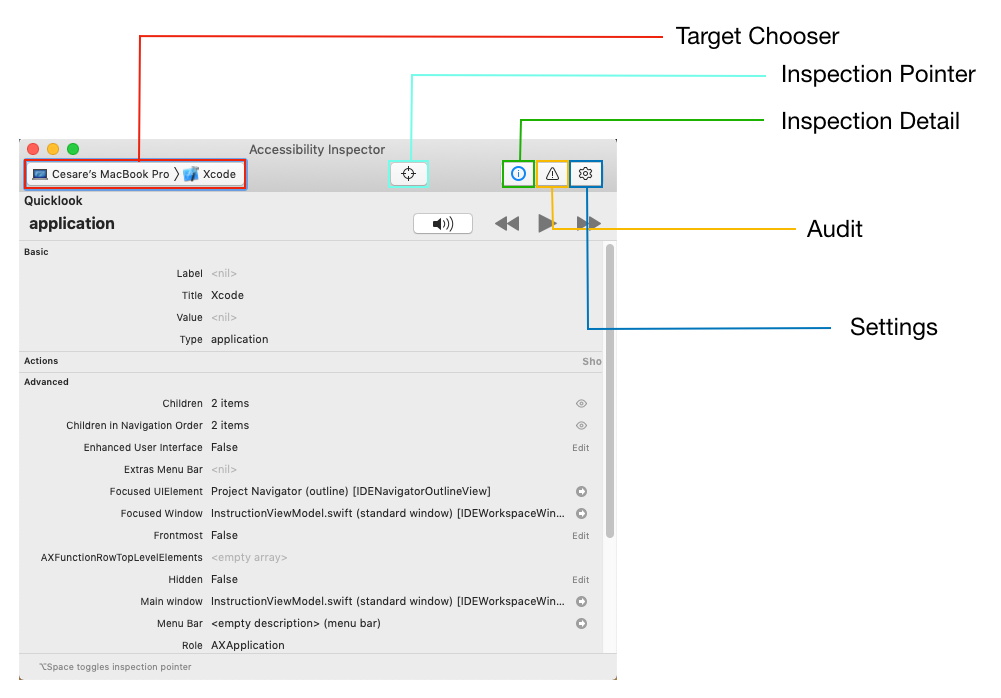 An screenshot from the Accessibility Inspector with arrows pointing what is each button.