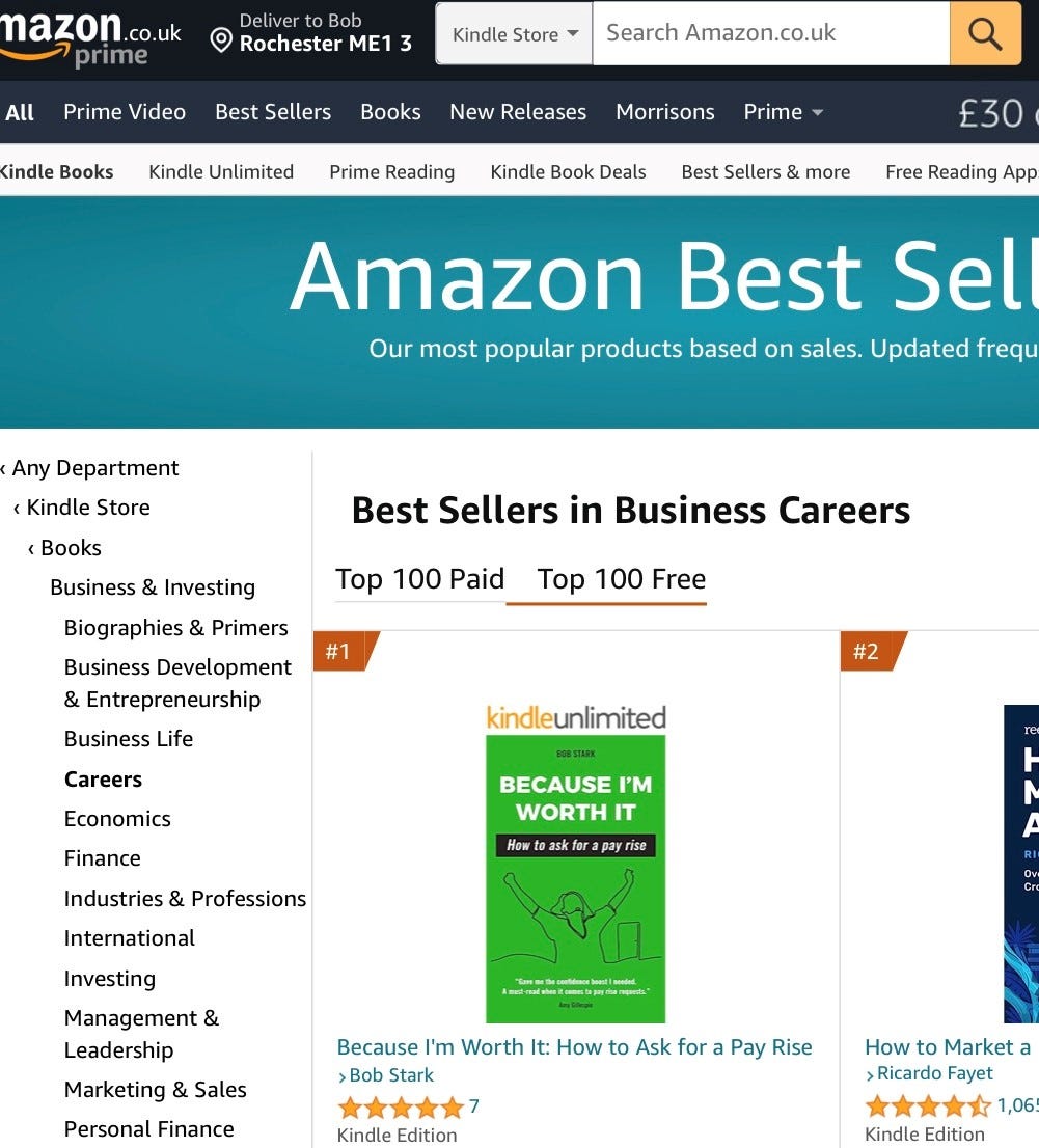 My book “Because I’m Worth It: How to Ask for a Pay Rise” at number one in Amazons Best Sellers list for the Business Careers category