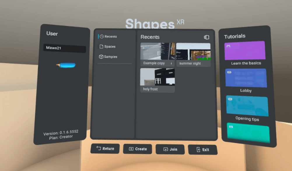 Screenshot of Shapes XR home view