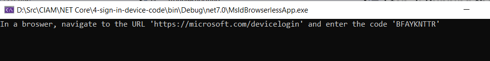 Image of “In a broswer, navigate to the URL ‘https://microsoft.com/devicelogin' and enter the code ‘AJCEKESH9’”