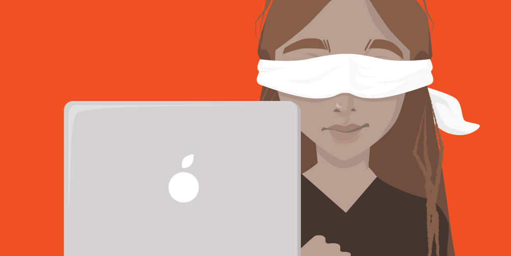 Illustration of blindfolded designer working on a laptop