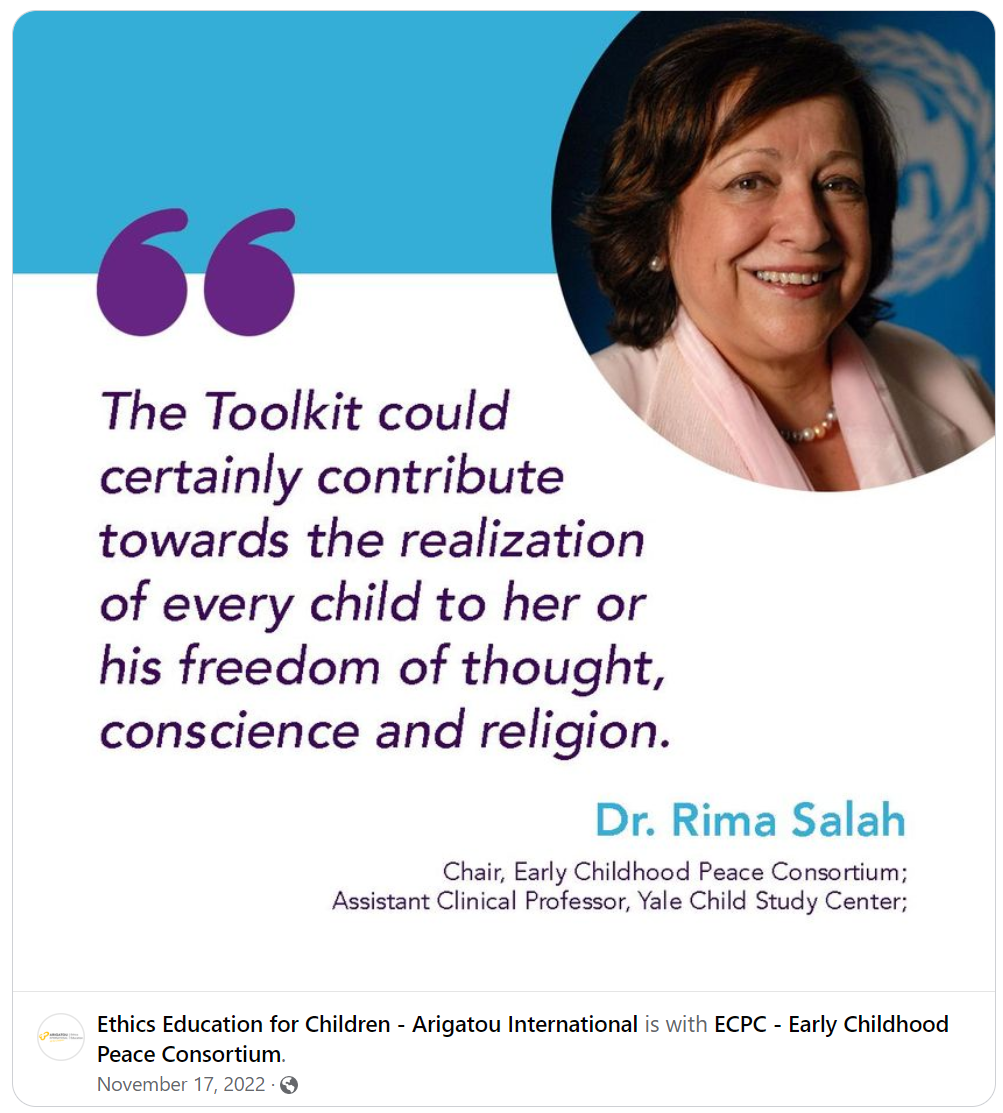 “The Toolkit could certainly contribute towards the realization of every child to her or his freedom of thought, conscience, and religion.” Quote by ECPC Chair Dr Rima Salah. Graphic by Arigatou International.