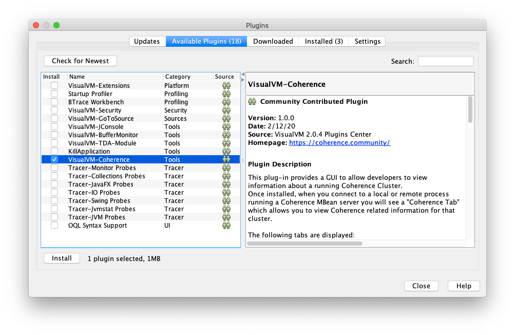 Installing the Coherence VisualVM Plugin