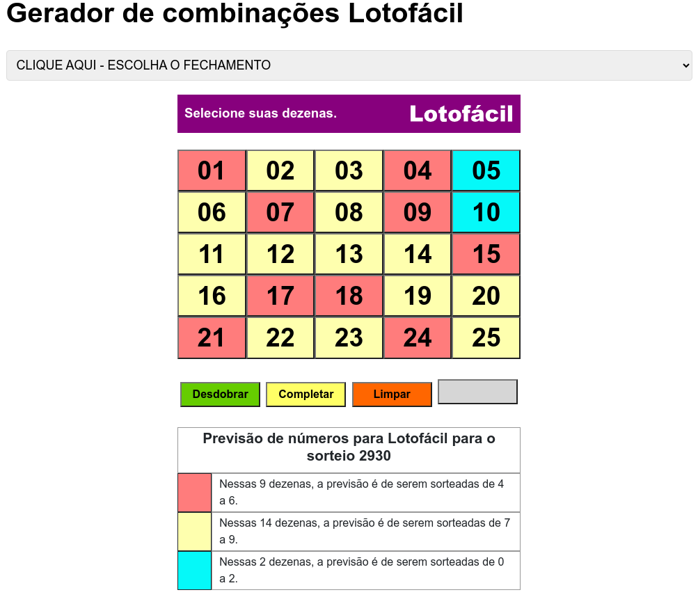 Gerador de combinações para Lotofácil com previsão de números pela probabilidade.