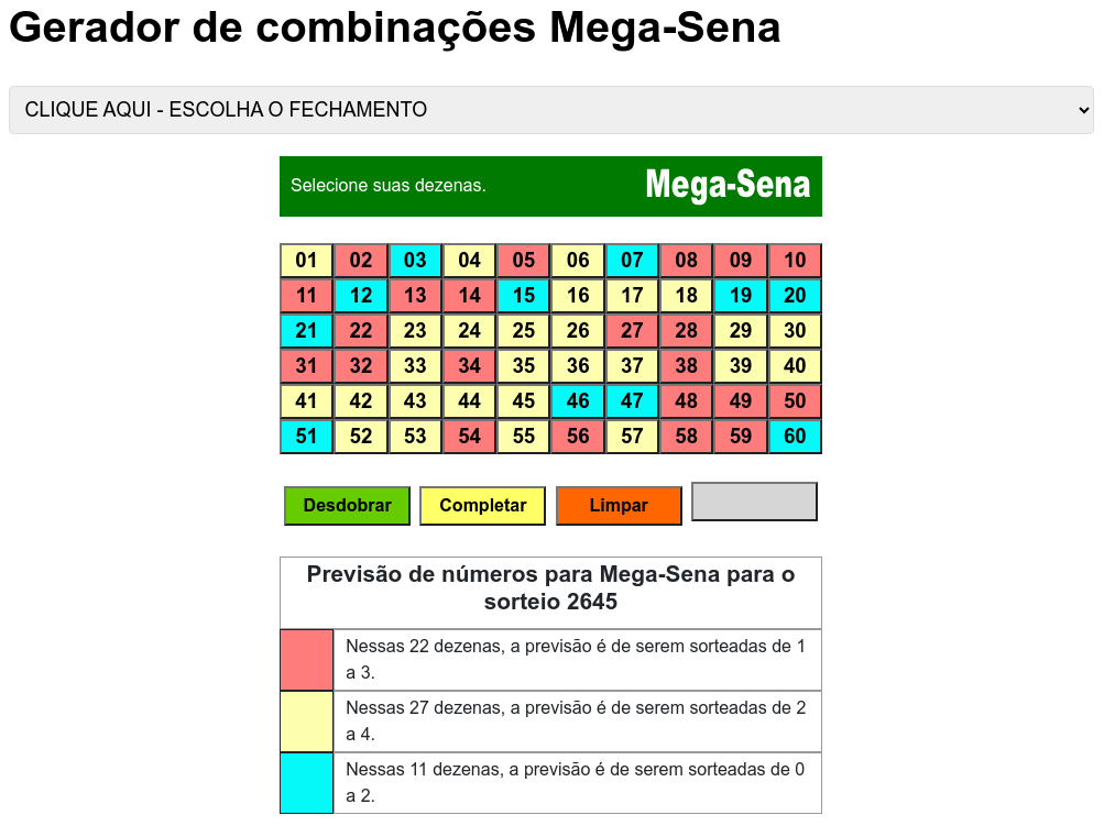 Gerador de combinações para Mega-Sena com previsão de números pela probabilidade