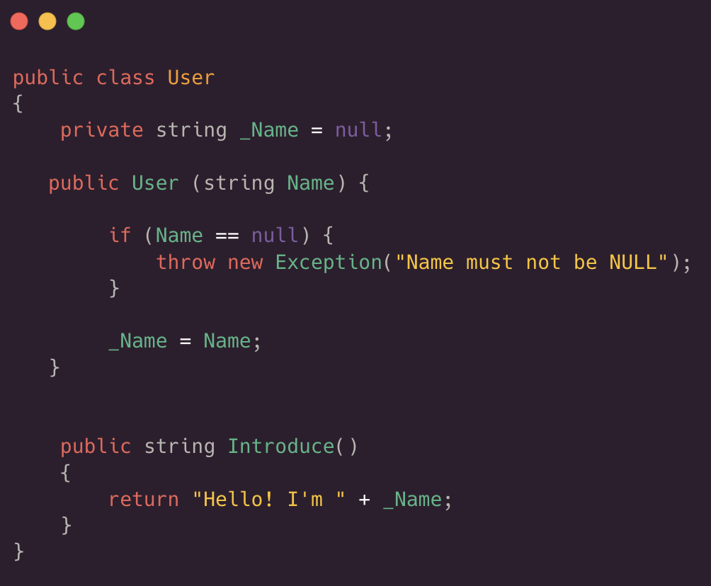 public class User
 {
 private string _Name = null;
 
 public User (string Name) {
 
 if (Name == null) {
 throw new Exception (“Name must not be NULL”);
 }
 
 _Name = Name;
 }
 
 Public string Introduce( )
 {
 return “Hello! I’m “ + _Name;
 }