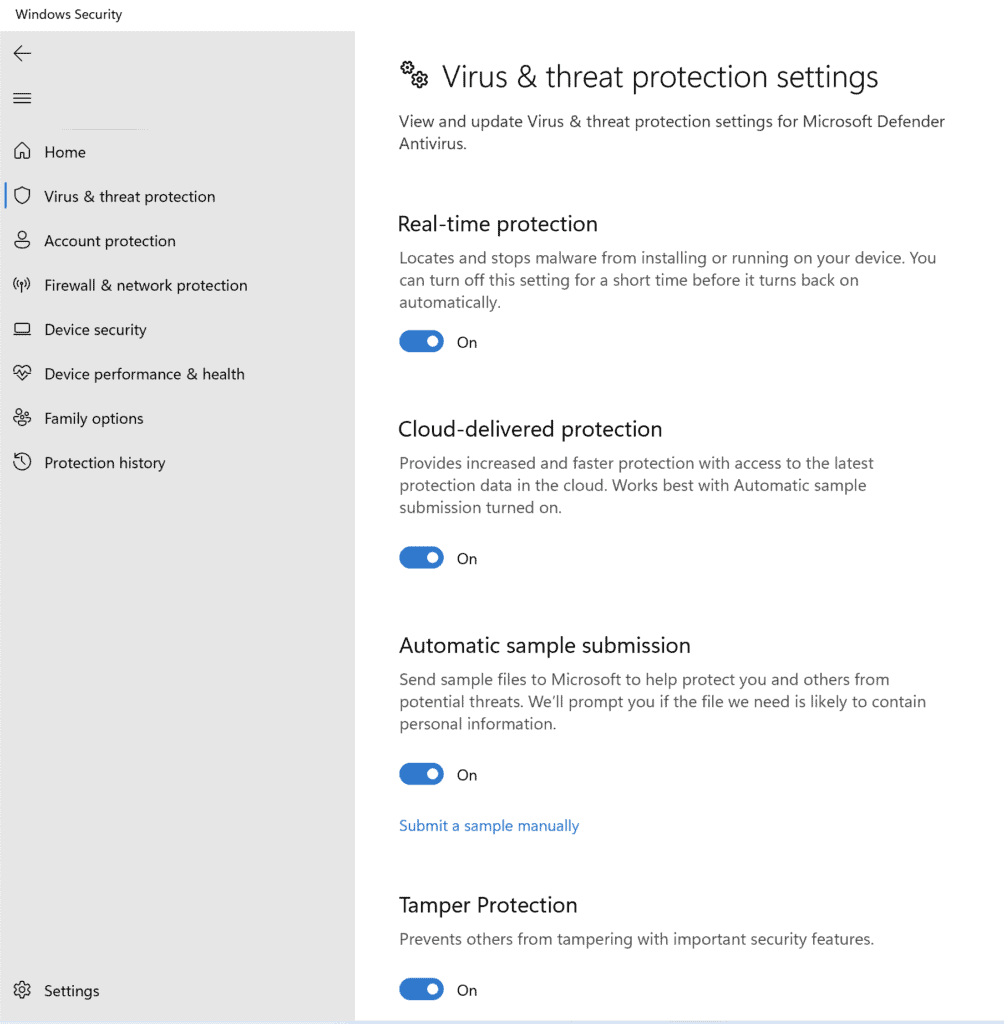 Virus & threat protection settings