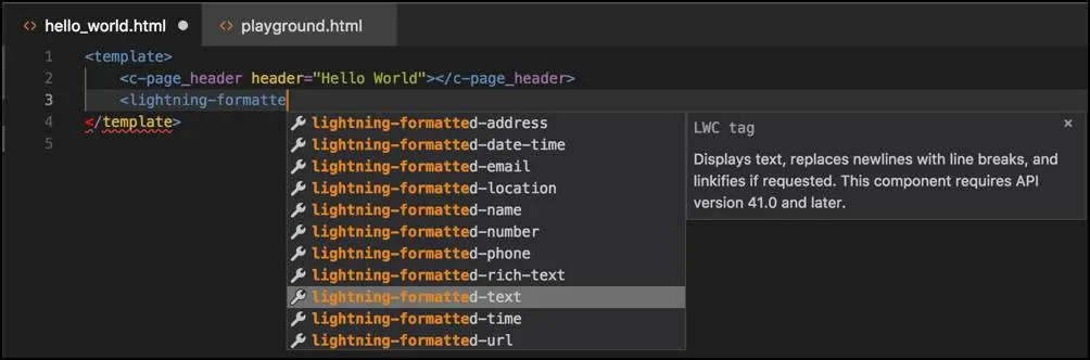 Screenshot showing LWC syntax autocomplete in VS Code.