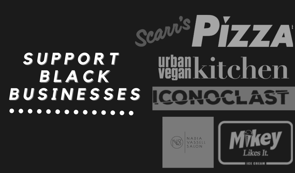 Logos of shops stated in the article blacked out into a black backdrop where “support black businesses” is written on the left side.