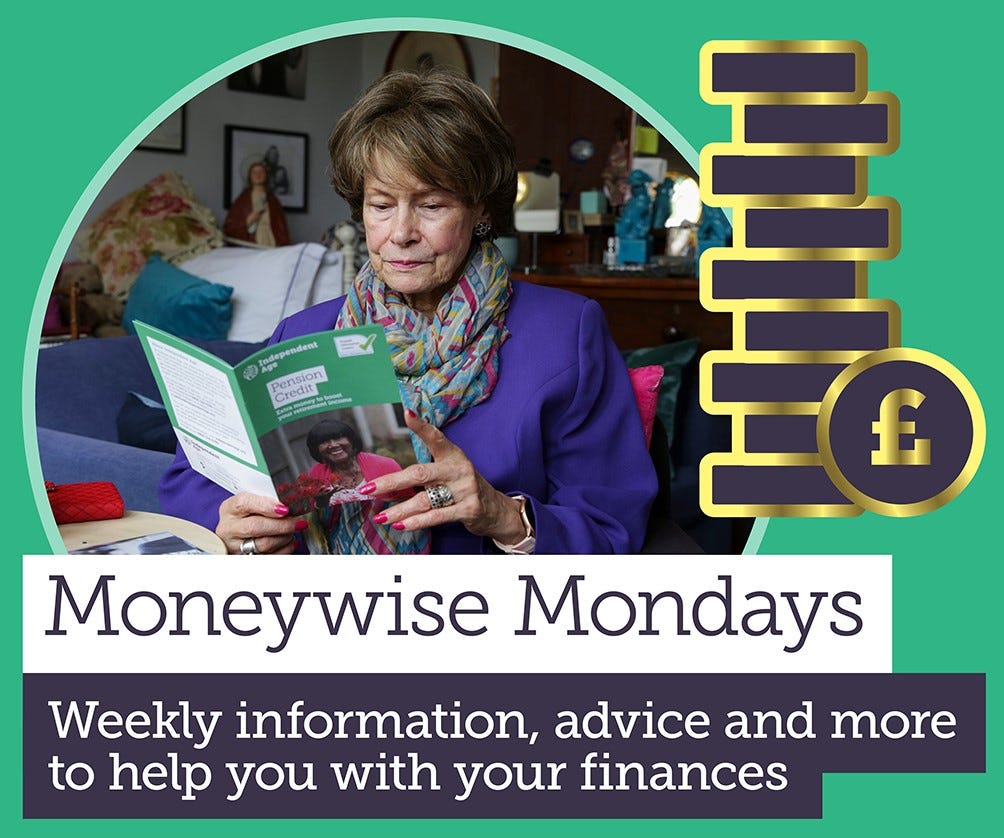 Text reads Money wise Monday Weekly information, advice and more. OLder woman reads advice guide with animation of gold coins on the right hand side of image