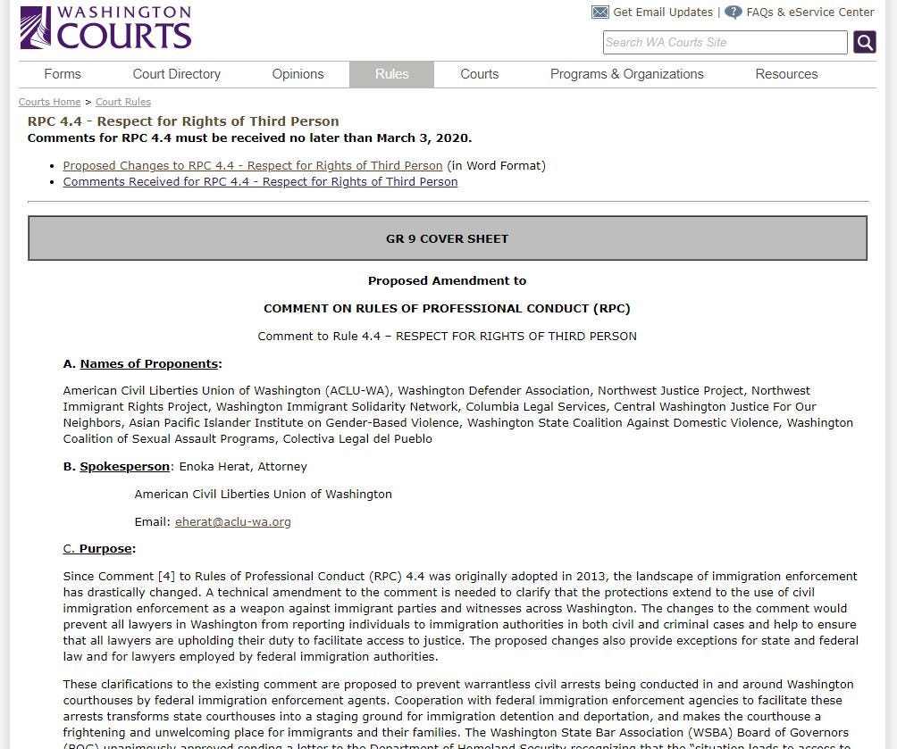 The Washington Courts website GR 9 cover sheet and links to proposed changes and public comments received for a Rule of Professional Conduct (RPC) 4.4 amendment is shown.