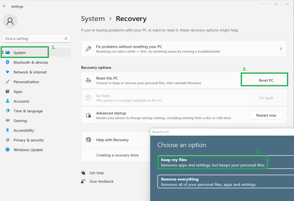 Screenshot of the Recovery settings in Windows showing how to trigger resetting PC to defaults while preserving user data.