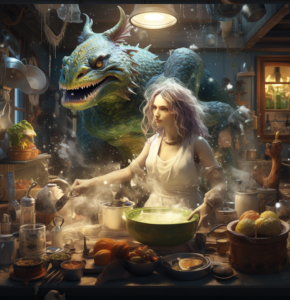 A woman washes dishes while a dragon stands behind her.