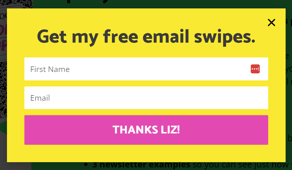 A pop up online form on an email landing page