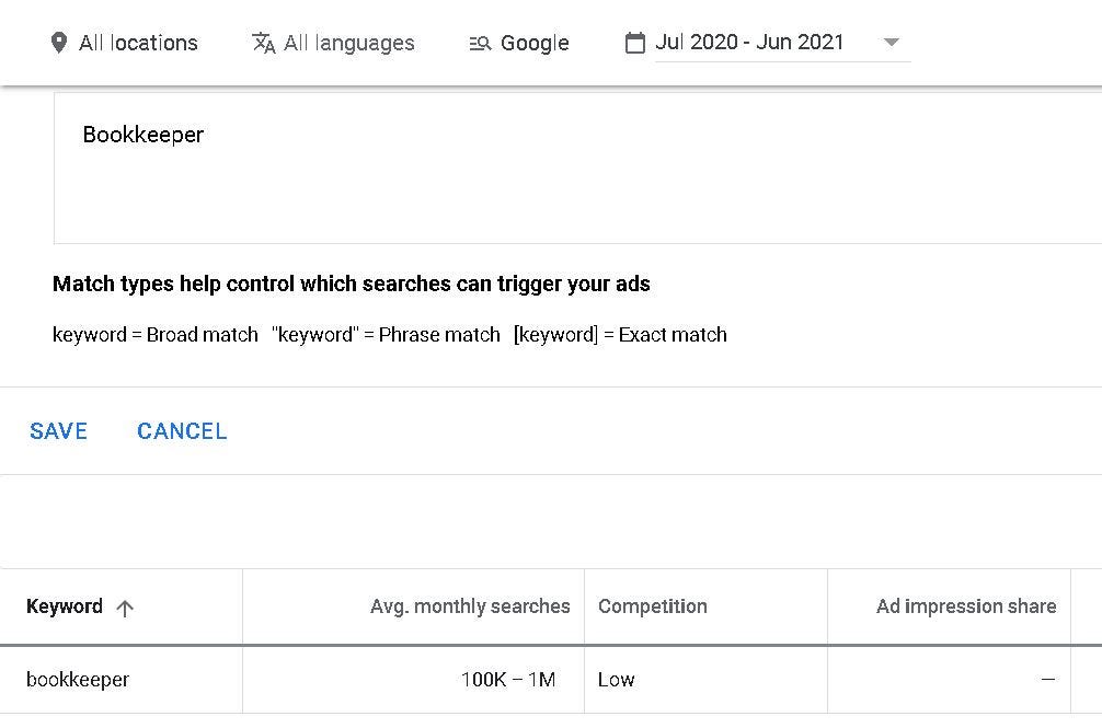 Google Ads Keyword Planner Example