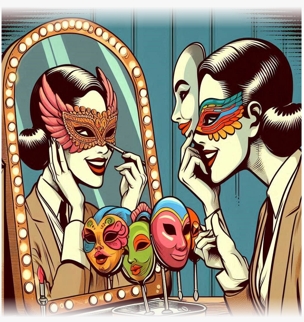 a woman trying on masks