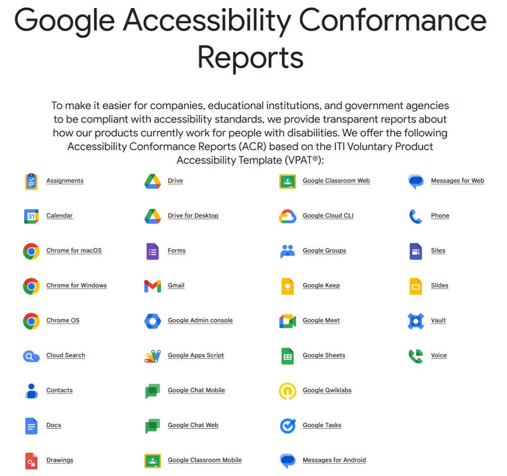 A screenshot of Google’s page of accessibility conformance reports with collected links to VPATs for each of their products