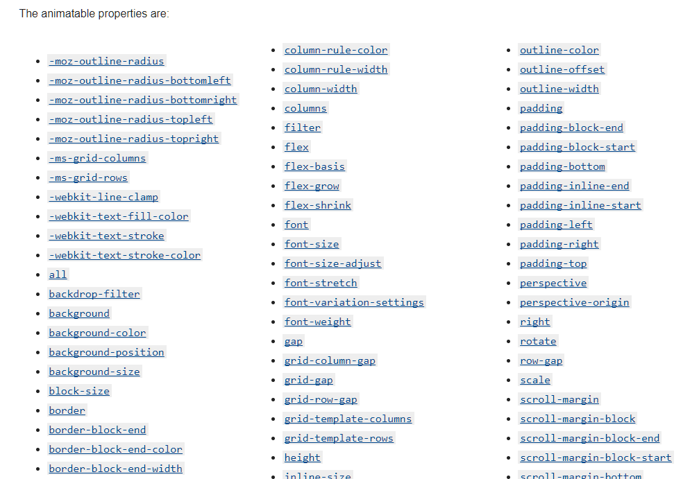 Animatable CSS properties from Mozilla