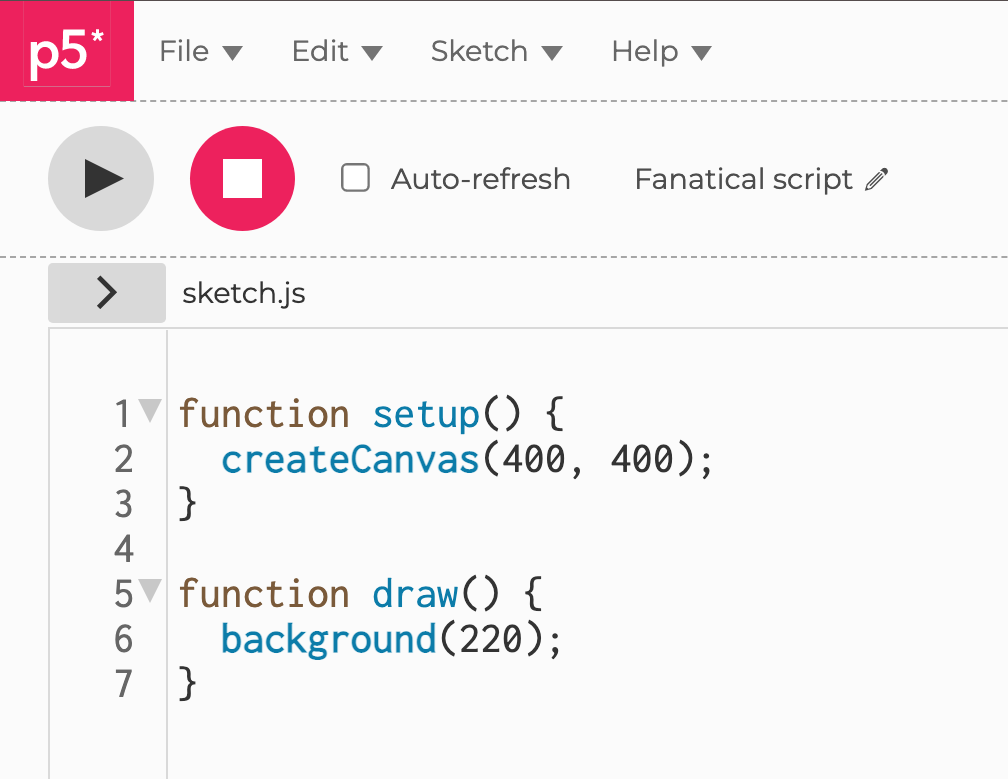 A screenshot of the p5.js Editor console that shows the default seven lines of code that include functions of setup and draw along with createCanvas and background.
