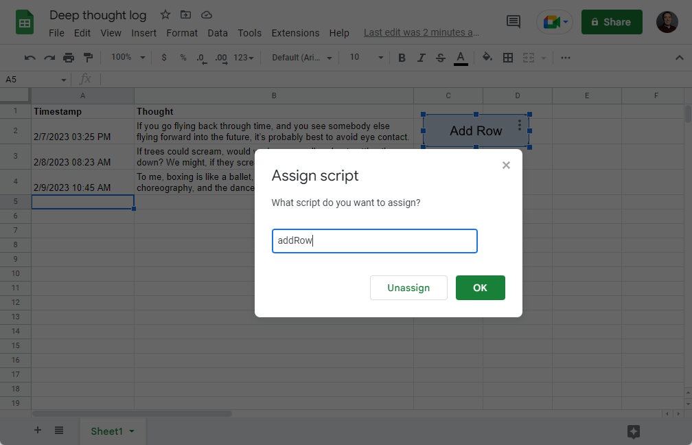 Screenshot of the “Assign script” dialog in the spreadsheet.